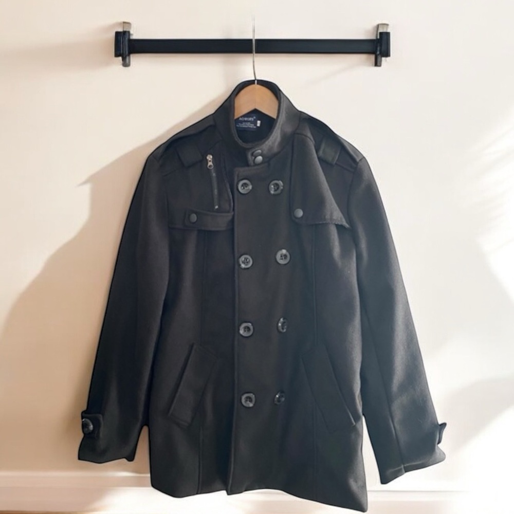 ❄️ 50% off winter AOWOFS black mens utility trench pea coat M